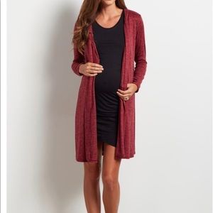 Burgundy sequin elbow long knit maternity cardigan